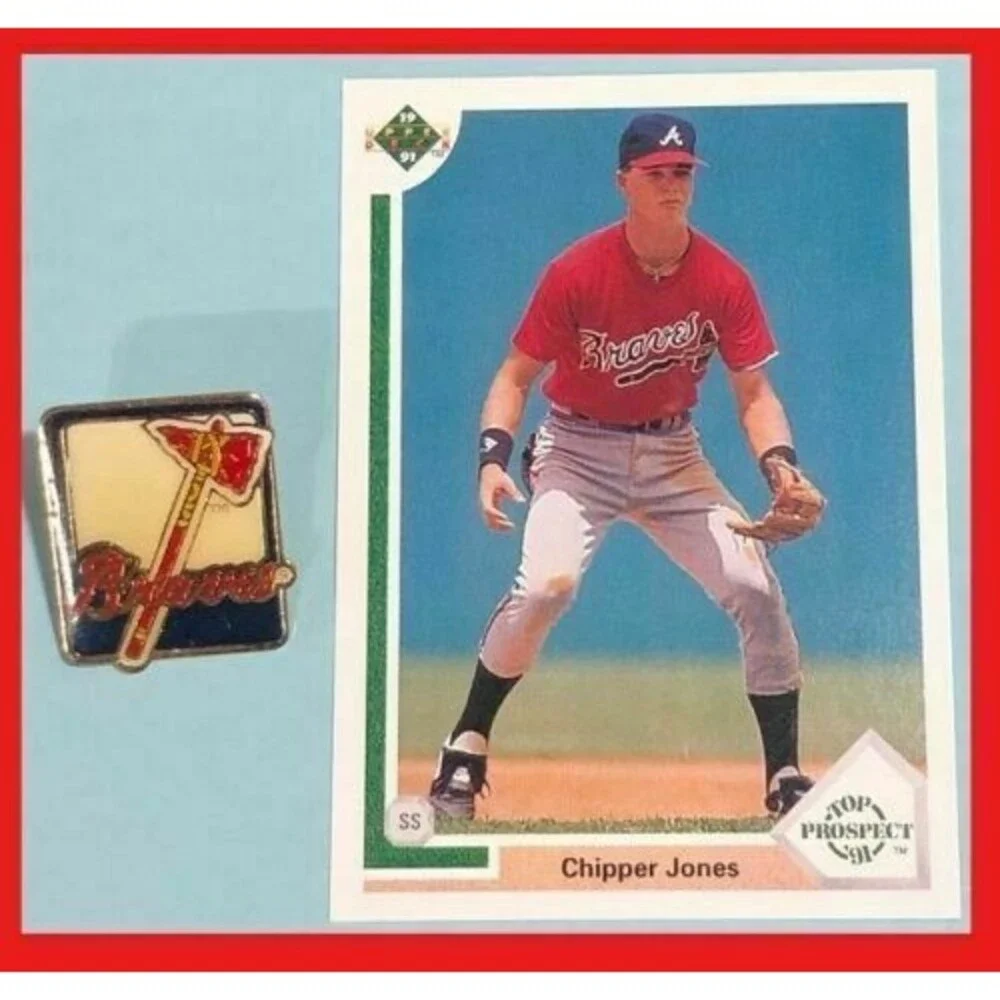 Atlanta Braves 1991 Chipper Jones Top Prsp Rookie Card & 1992 Tomahawk logo pin